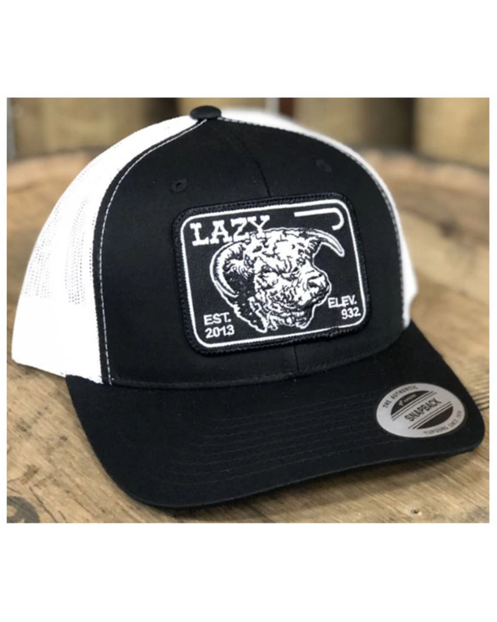 Lazy J Ranch Men's Black & White Elevation Cowhead Logo Patch Mesh-Back Ball Cap 1 Lazy J Ranch Men's Black & White Elevation Cowhead Logo Patch Mesh-Back Ball Cap