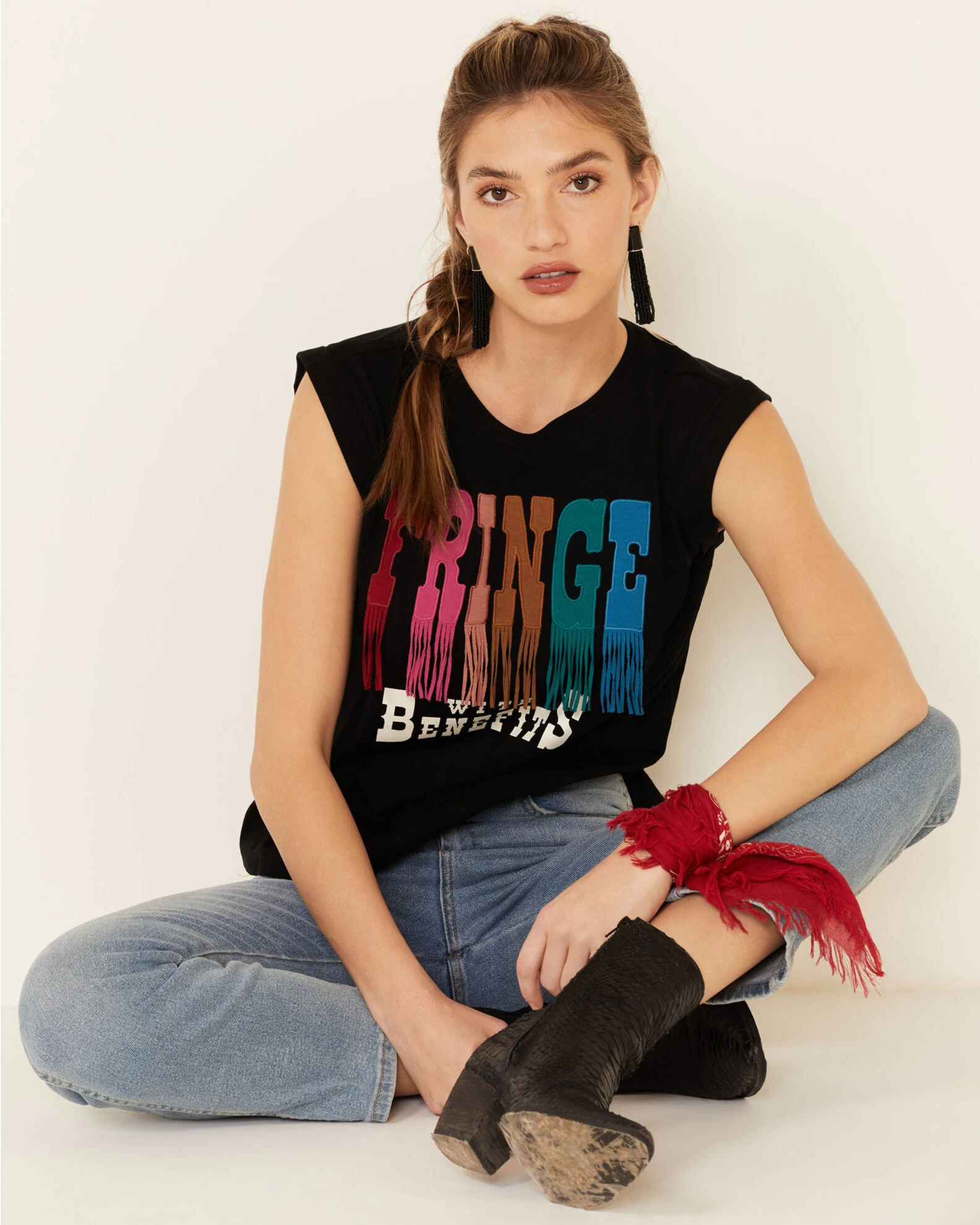 Shyanne Women's Fringe With Benefits Graphic Muscle Tee 1 Shyanne Women's Fringe With Benefits Graphic Muscle Tee