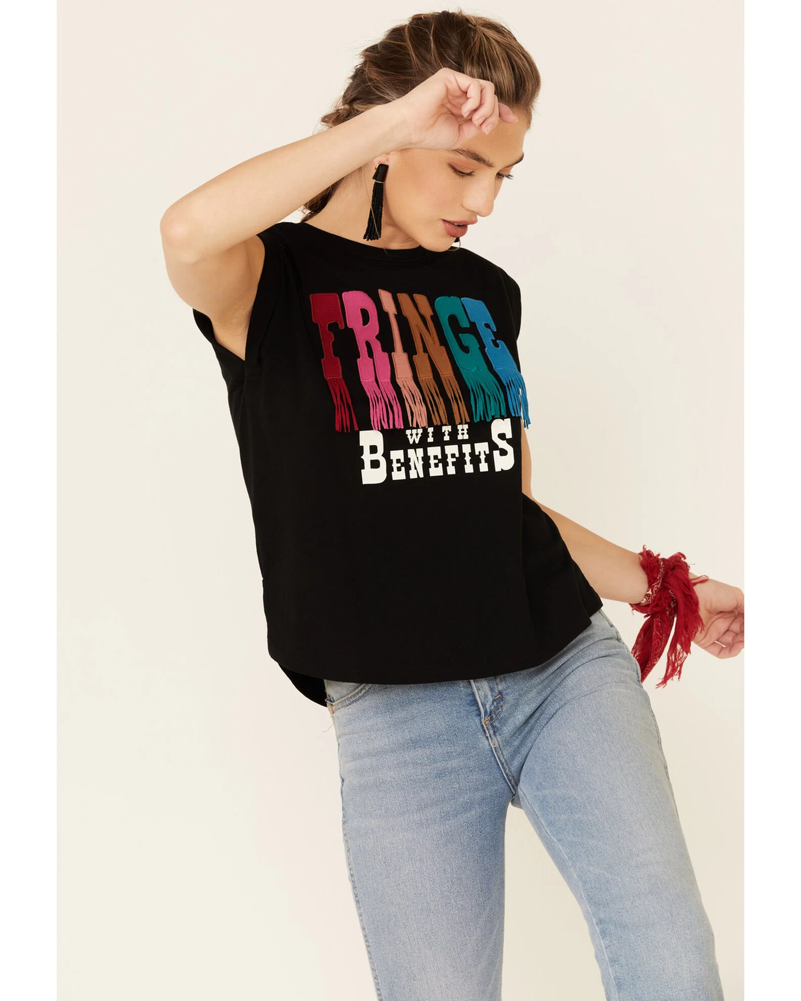 Shyanne Women's Fringe With Benefits Graphic Muscle Tee 3 Shyanne Women's Fringe With Benefits Graphic Muscle Tee - Image 3