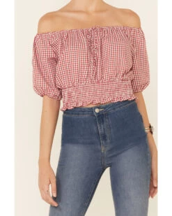 Beyond The Radar Women's Gingham Off-Shoulder Peasant Crop Top  -Cowboy Pradise 2000343879 600 P3
