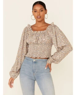 Beyond The Radar Women's Ditsy Smocked Long Sleeve Peasant Crop Top 