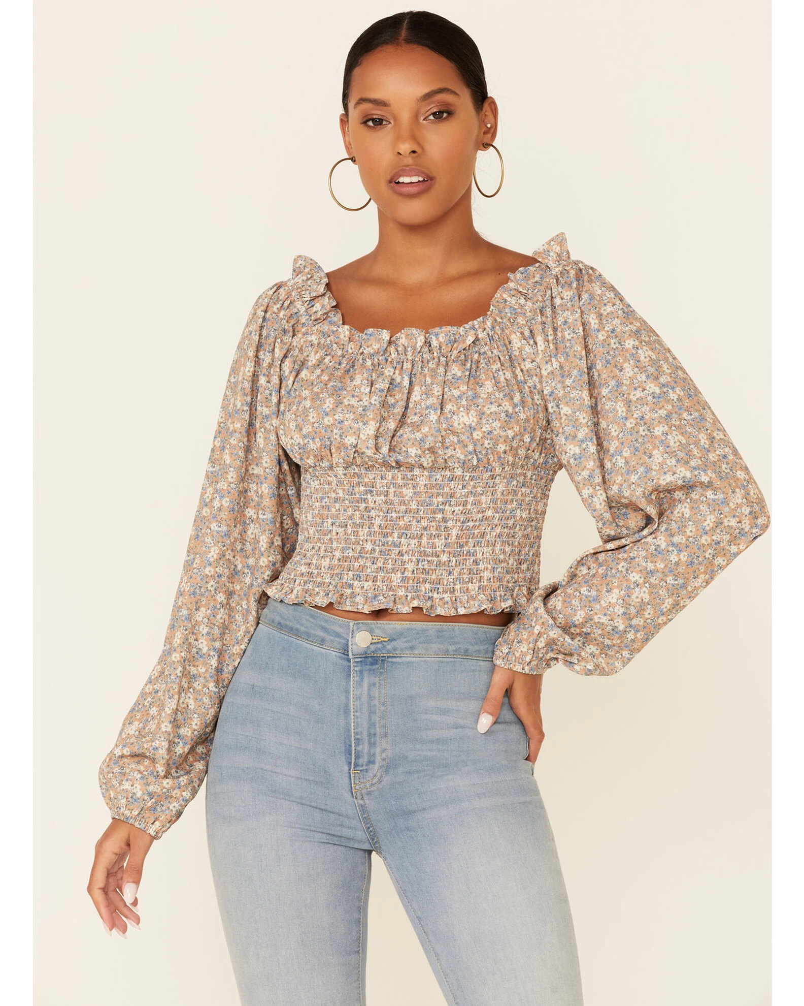 Beyond The Radar Women's Ditsy Smocked Long Sleeve Peasant Crop Top 1 Beyond The Radar Women's Ditsy Smocked Long Sleeve Peasant Crop Top