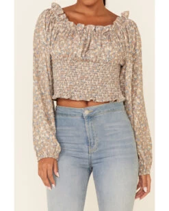 Beyond The Radar Women's Ditsy Smocked Long Sleeve Peasant Crop Top 6 Beyond The Radar Women's Ditsy Smocked Long Sleeve Peasant Crop Top -Cowboy Pradise 2000343880 200 P3