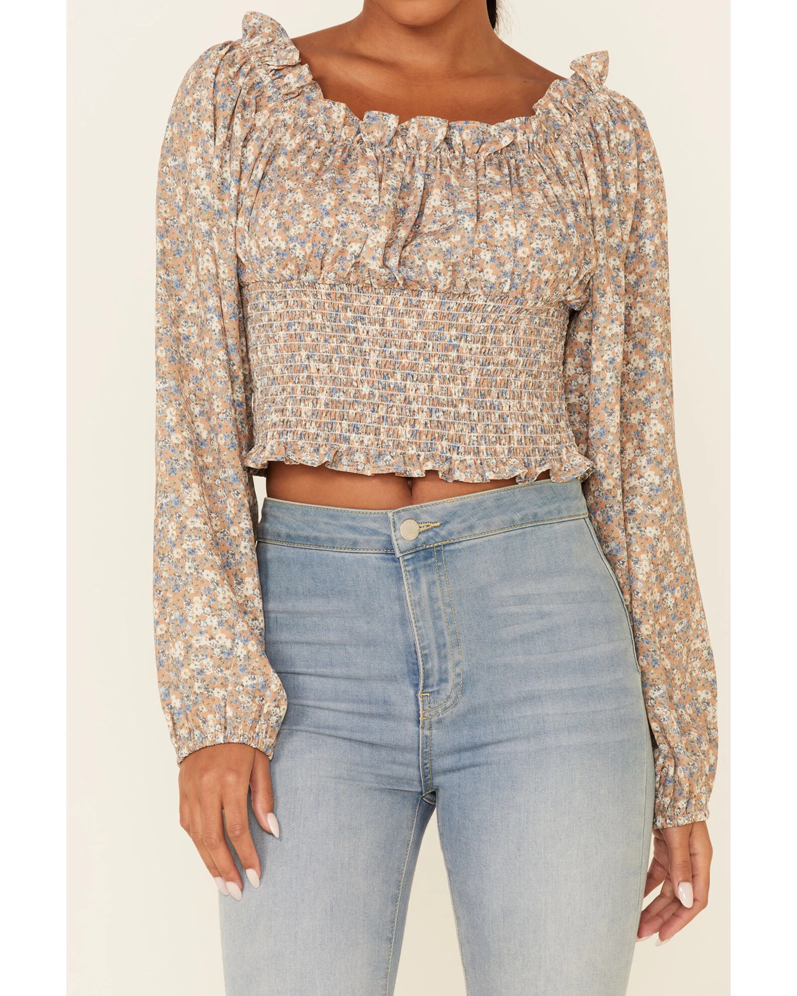 Beyond The Radar Women's Ditsy Smocked Long Sleeve Peasant Crop Top 3 Beyond The Radar Women's Ditsy Smocked Long Sleeve Peasant Crop Top - Image 3