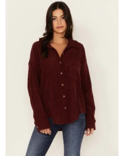 Wishlist Women's Solid Corduroy Oversized Long Sleeve Button Down Shirt 