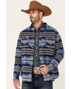 Powder River Outfitters Men's Blue Southwestern Print Button-Front Wool Shirt Jacket 