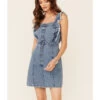 Revel Women's Fray Edge Ruffled Denim Dress