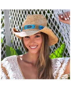 Nikki Beach Women's Natural Mazatlan Crochet Raffia Straw Western Hat  -Cowboy Pradise 2000352520 101 P3