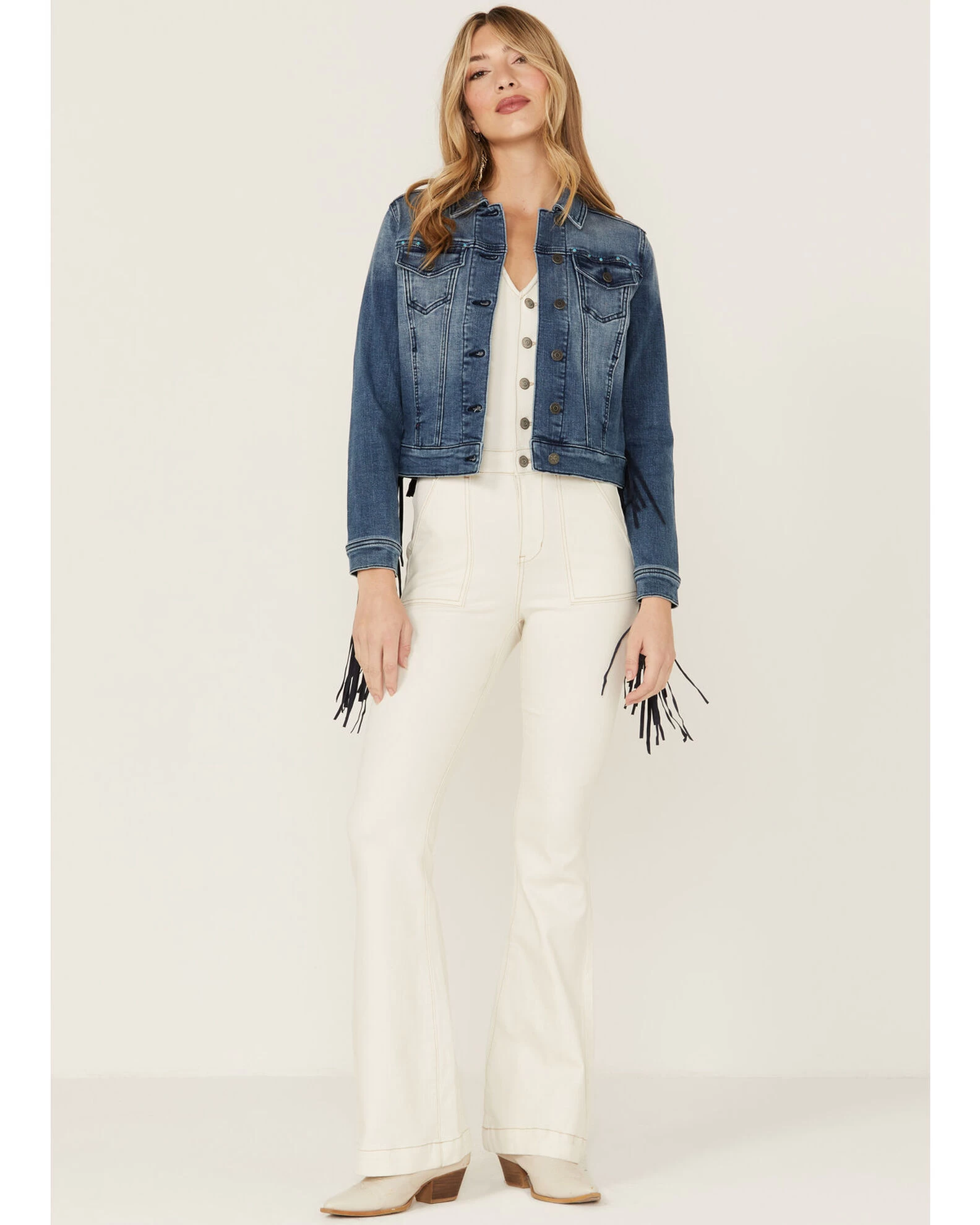 Idyllwind Women's Bisbee Wash Studs Fringe Denim Trucker Jacket 4 Idyllwind Women's Bisbee Wash Studs Fringe Denim Trucker Jacket - Image 4