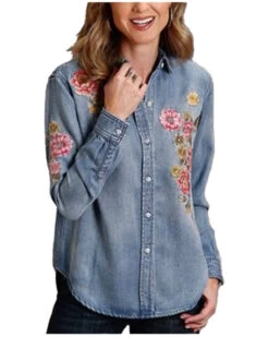 Stetson Women's Blue Denim Embroidered Long Sleeve Button Down Blouse ShirtÂ