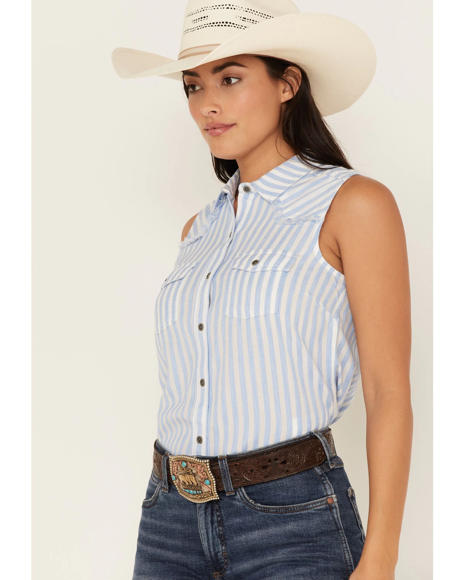 Ariat Women's Stripe Print Boom Boom Sleeveless Snap Western Shirt 2 Ariat Women's Stripe Print Boom Boom Sleeveless Snap Western Shirt - Image 2