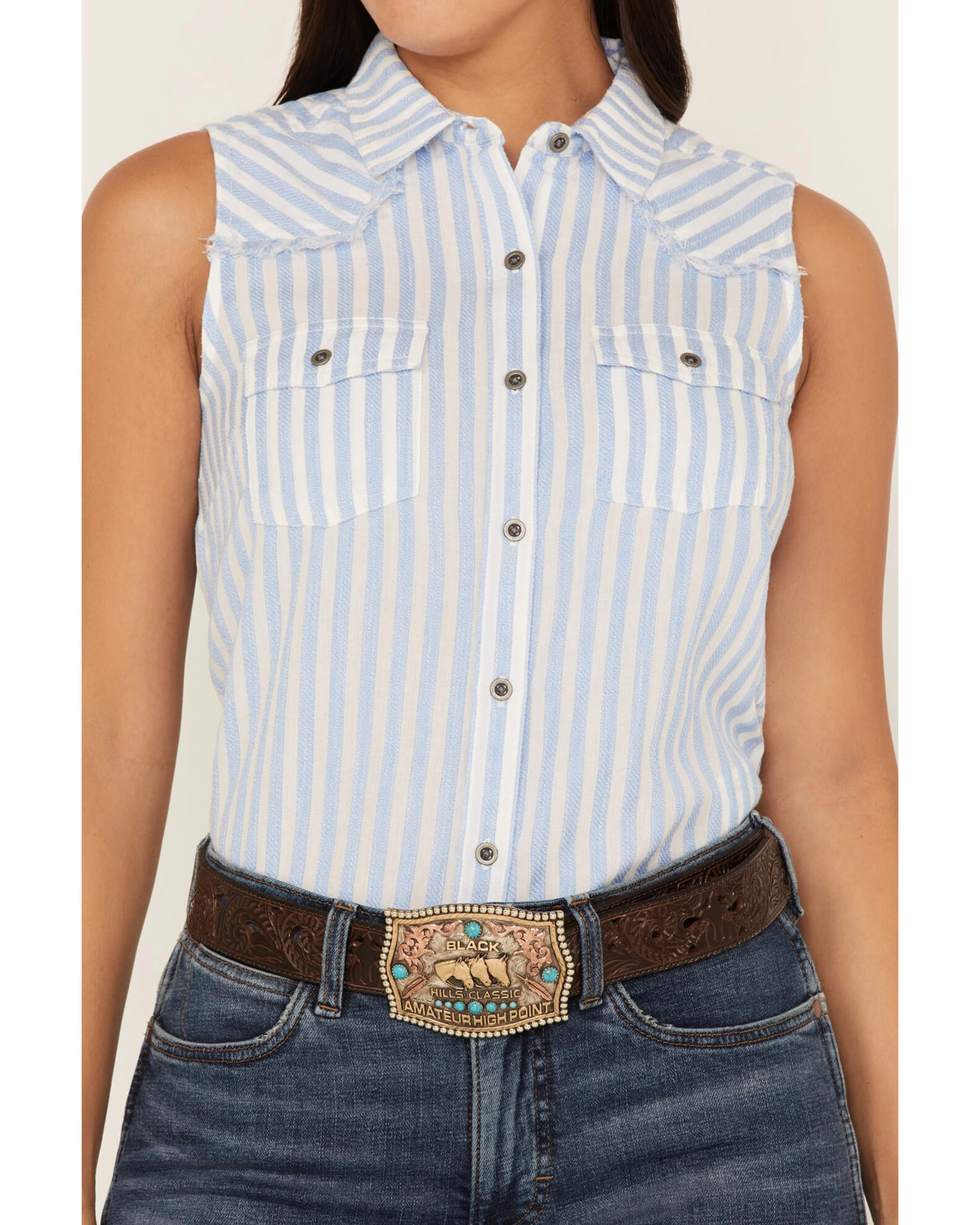 Ariat Women's Stripe Print Boom Boom Sleeveless Snap Western Shirt 3 Ariat Women's Stripe Print Boom Boom Sleeveless Snap Western Shirt - Image 3