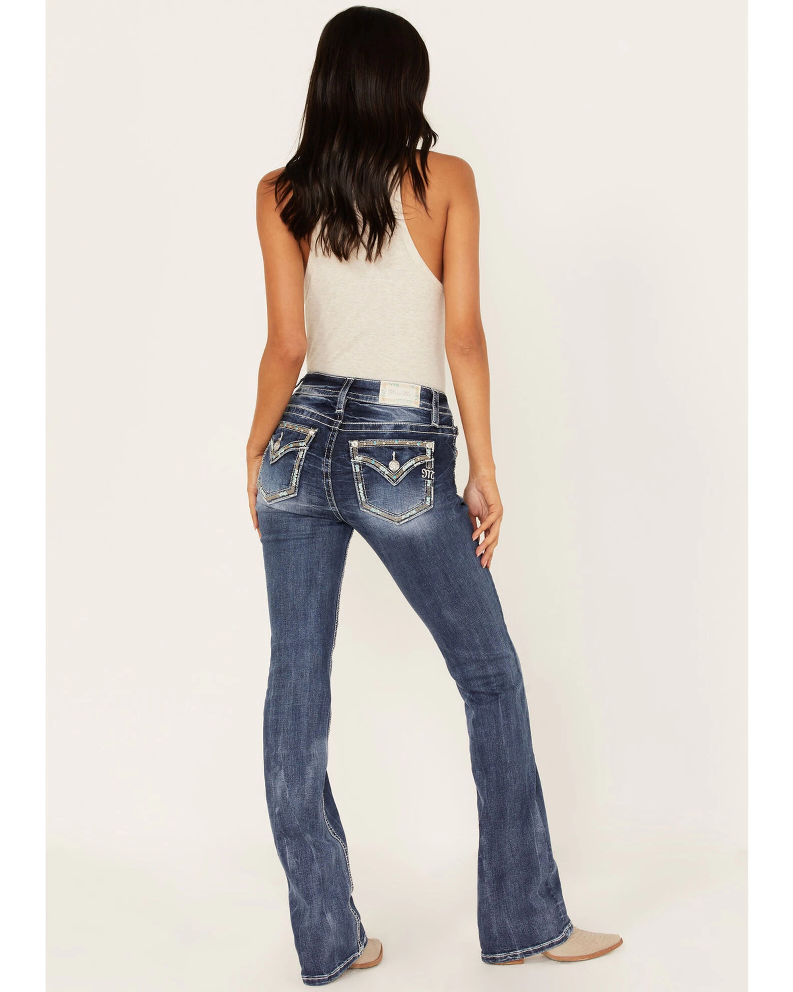 Miss Me Women's Medium Wash Embroidered Turquoise Stone Bootcut Jeans - Long 1 Miss Me Women's Medium Wash Embroidered Turquoise Stone Bootcut Jeans - Long