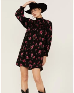 Angie Women's Navy Long Sleeve Smocked Floral Border Mini Dress -Cowboy Pradise 2000365405 410 P4