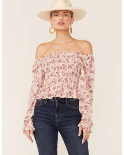 Beyond The Radar Women's Floral White Smocked Chiffon Off Shoulder Top