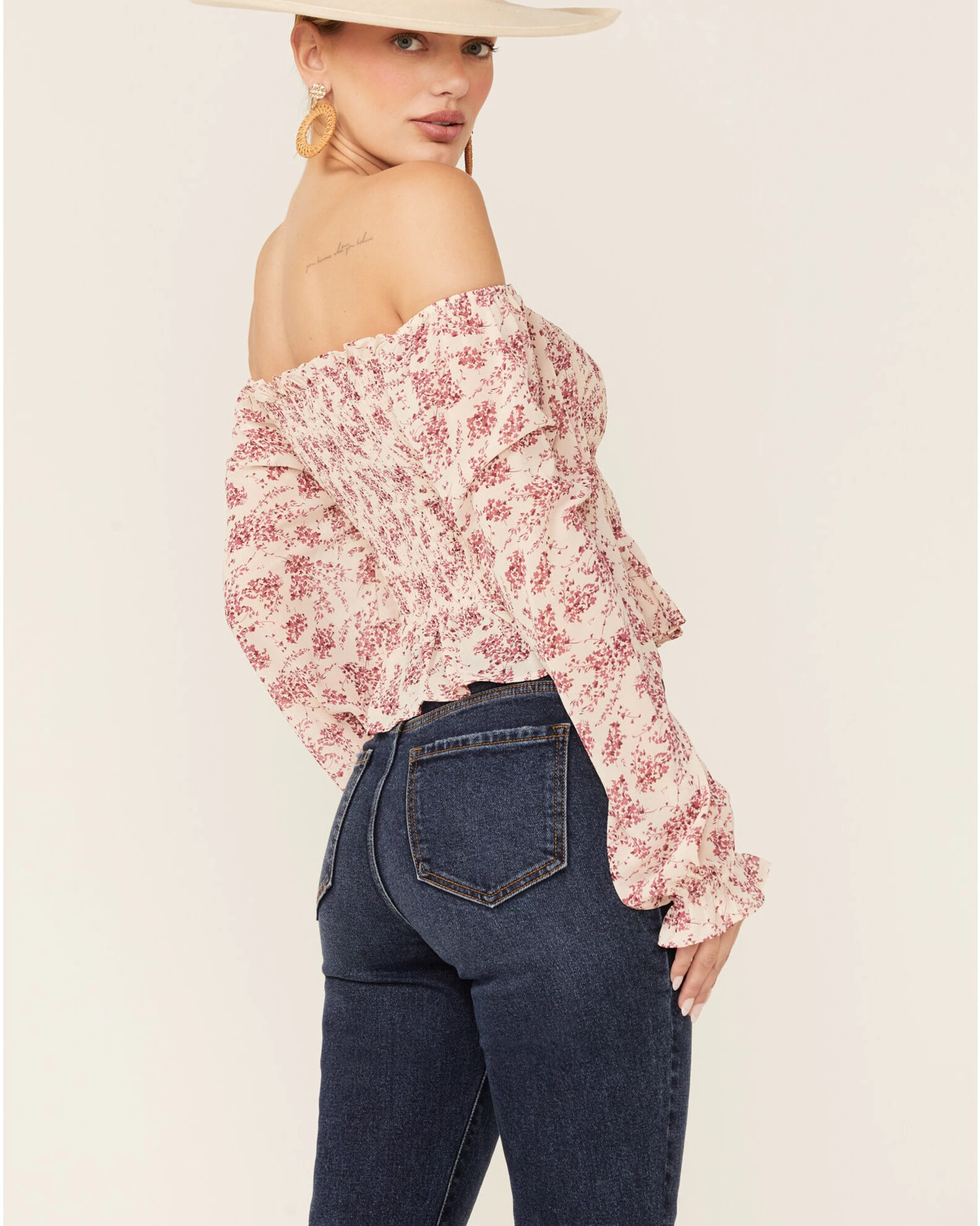 Beyond The Radar Women's Floral White Smocked Chiffon Off Shoulder Top 4 Beyond The Radar Women's Floral White Smocked Chiffon Off Shoulder Top - Image 4