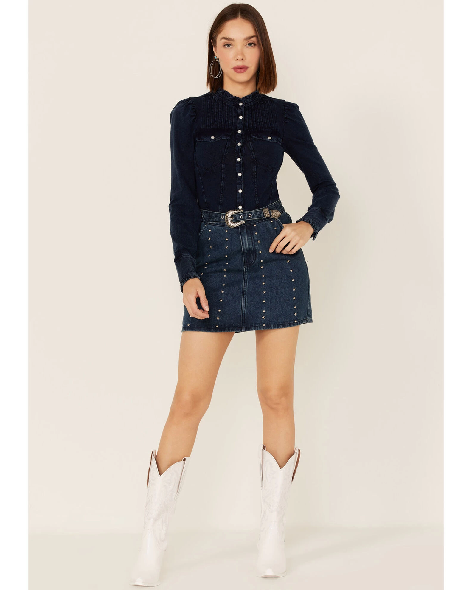 Rock & Roll Denim Women's Dark Wash Studded Belted Western Denim Mini Skirt 2 Rock & Roll Denim Women's Dark Wash Studded Belted Western Denim Mini Skirt - Image 2