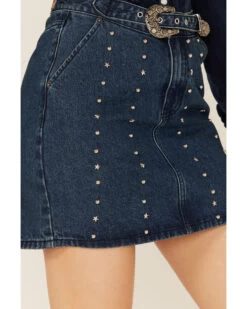 Rock & Roll Denim Women's Dark Wash Studded Belted Western Denim Mini Skirt 7 Rock & Roll Denim Women's Dark Wash Studded Belted Western Denim Mini Skirt -Cowboy Pradise 2000368495 400 P3
