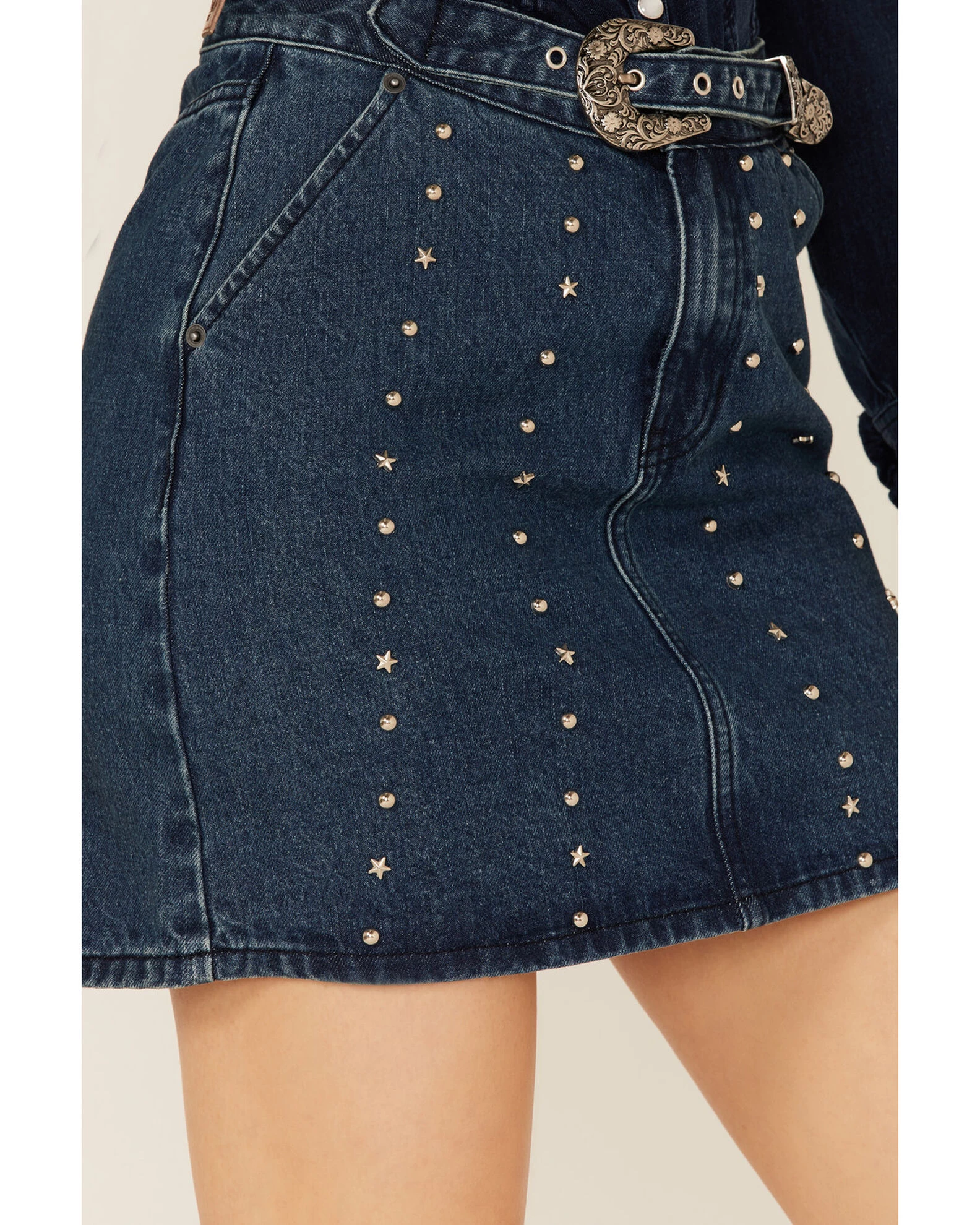 Rock & Roll Denim Women's Dark Wash Studded Belted Western Denim Mini Skirt 3 Rock & Roll Denim Women's Dark Wash Studded Belted Western Denim Mini Skirt - Image 3