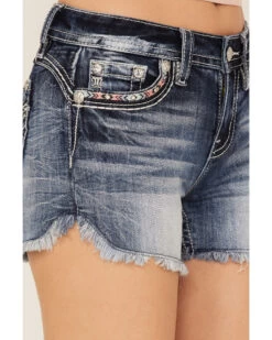 Miss Me Women's Dark Wash Southwestern Arrow Rhinestone Embroidered Denim Shorts -Cowboy Pradise 2000369031 414 P4