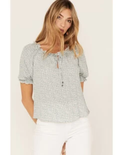 Jolt Women's Ditsy Floral Print Short Puff Sleeve Ruffle Shirt -Cowboy Pradise 2000371506 341 P3