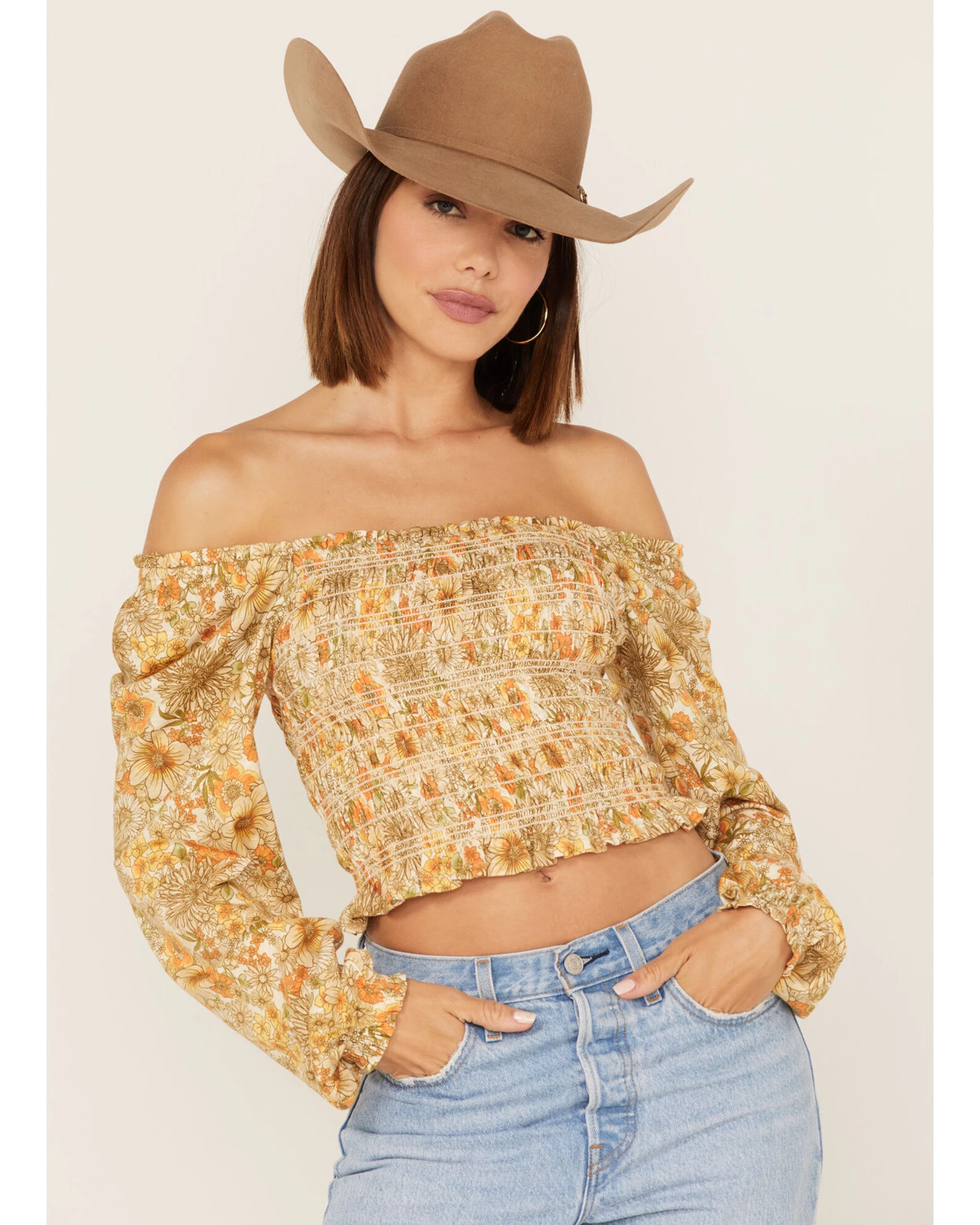 Jolt Women's Floral Print Smocked Long Sleeve Crop Top 1 Jolt Women's Floral Print Smocked Long Sleeve Crop Top