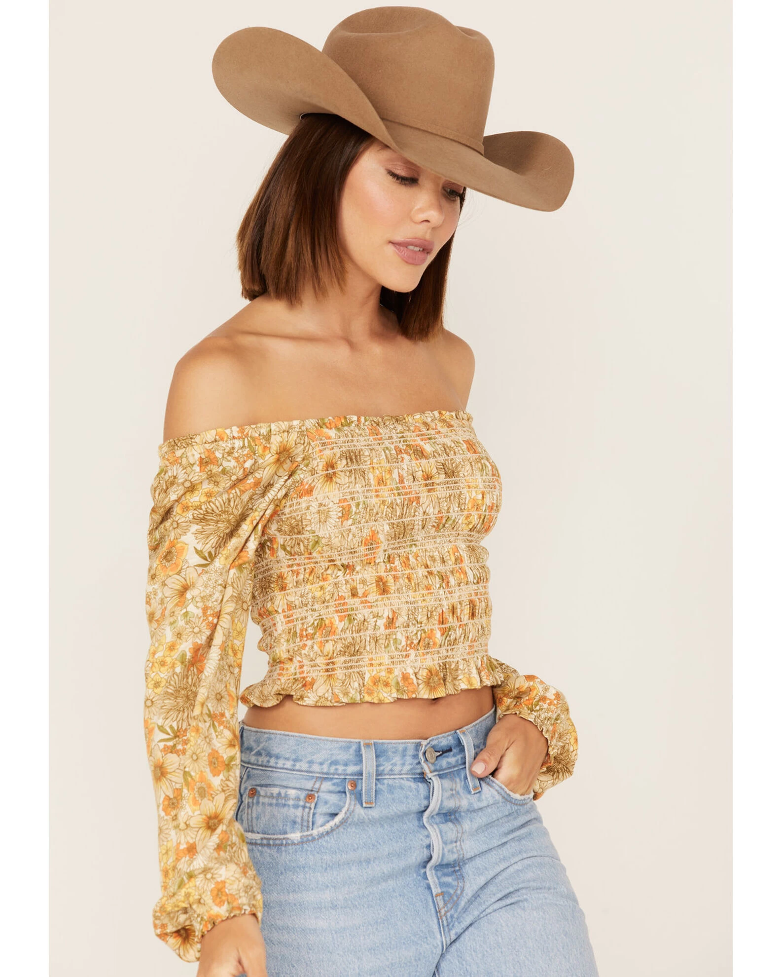 Jolt Women's Floral Print Smocked Long Sleeve Crop Top 2 Jolt Women's Floral Print Smocked Long Sleeve Crop Top - Image 2