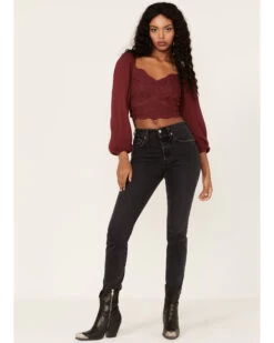 Shyanne Women's Embroidered Mesh Dot Poet Sleeve Crop Top