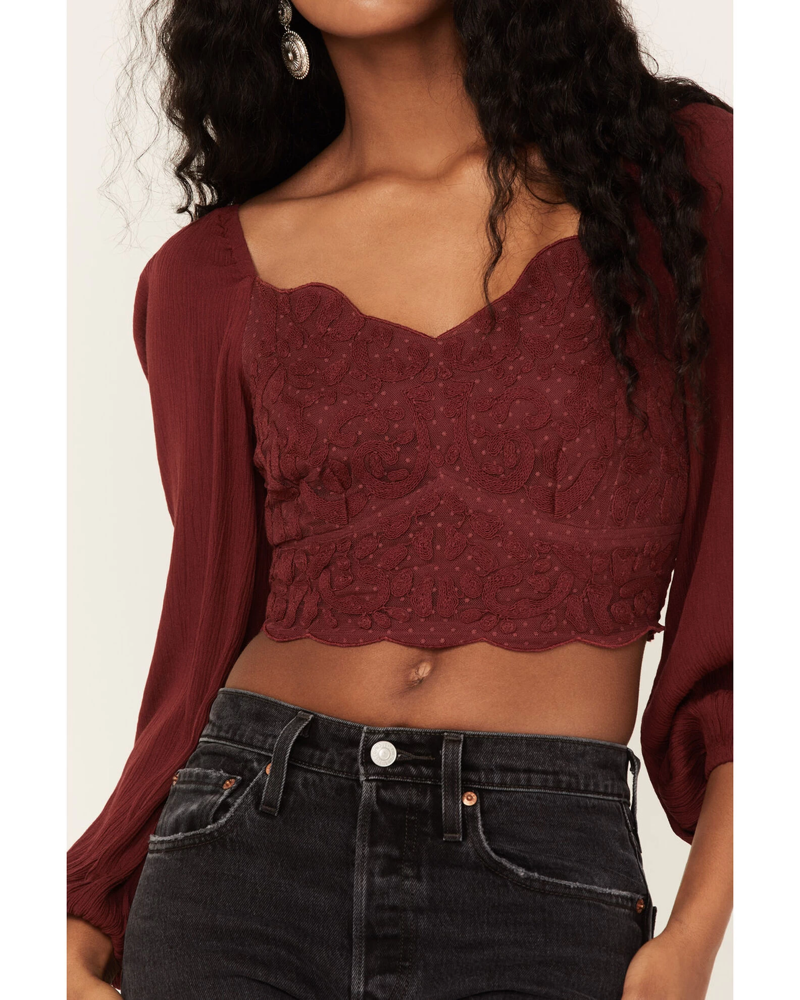 Shyanne Women's Embroidered Mesh Dot Poet Sleeve Crop Top 3 Shyanne Women's Embroidered Mesh Dot Poet Sleeve Crop Top - Image 3