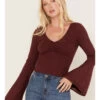 Shyanne Women's Deep V-Neck Bell Sleeve Crop Top