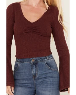 Shyanne Women's Deep V-Neck Bell Sleeve Crop Top -Cowboy Pradise 2000373000 646 P3