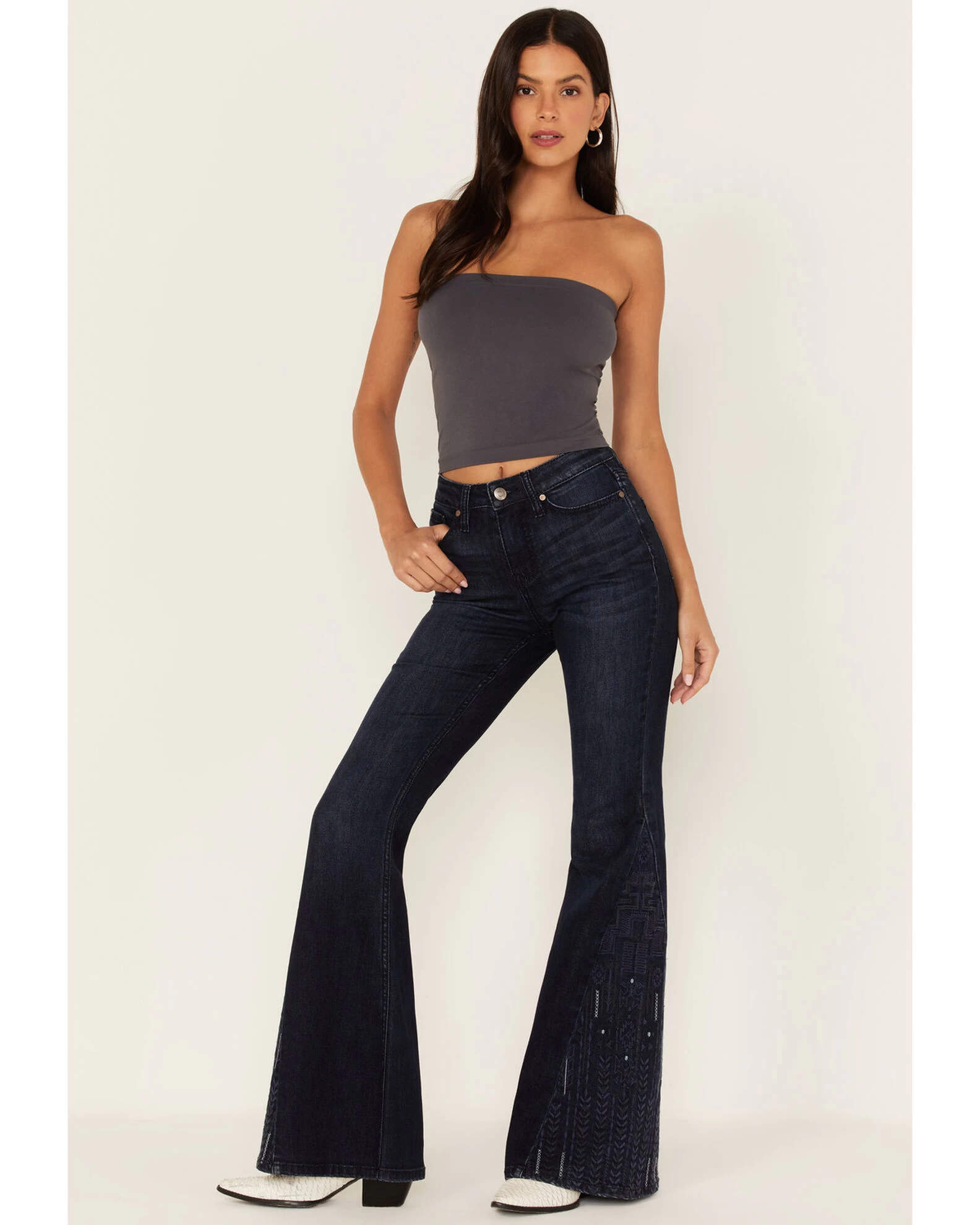 Shyanne Women's Embroidered Dark Wash High Rise Stretch Flare Jeans 1 Shyanne Women's Embroidered Dark Wash High Rise Stretch Flare Jeans