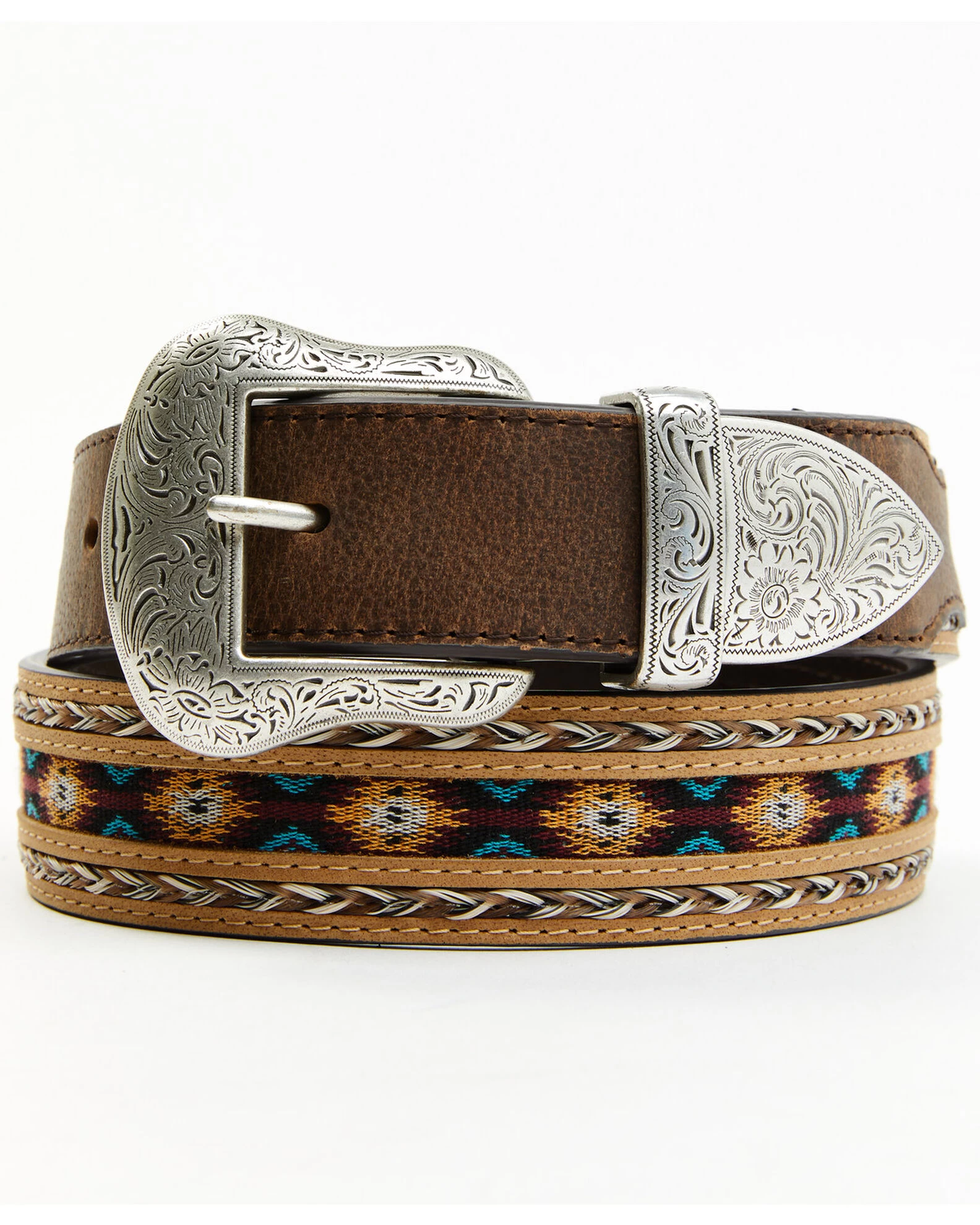 Cody James Brown 3-Piece Horse Hair Laced Southwest Inlay Belt 1 Cody James Brown 3-Piece Horse Hair Laced Southwest Inlay Belt