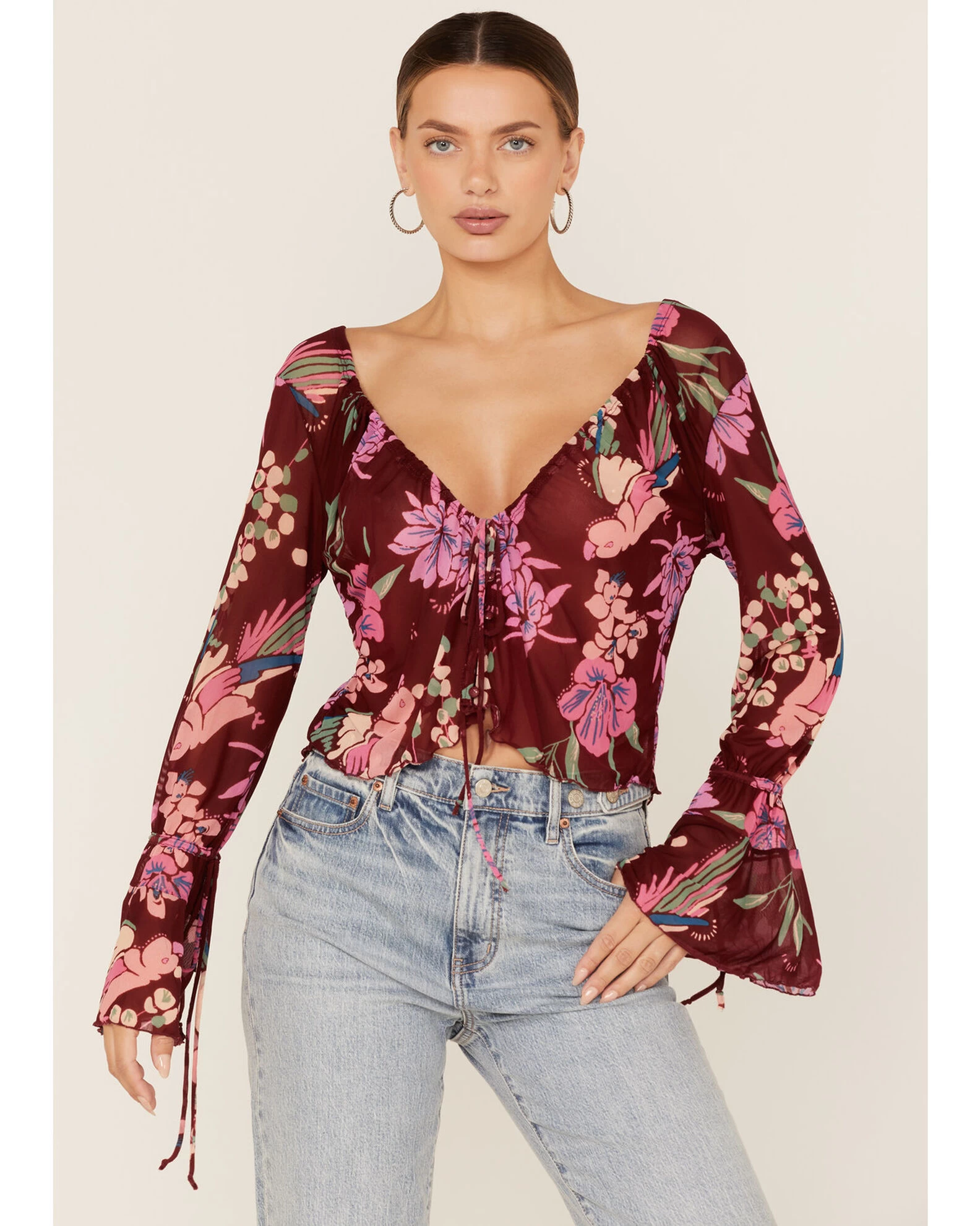 Free People Women's Floral Print Of Paradise Tie Front Crop Top 1 Free People Women's Floral Print Of Paradise Tie Front Crop Top