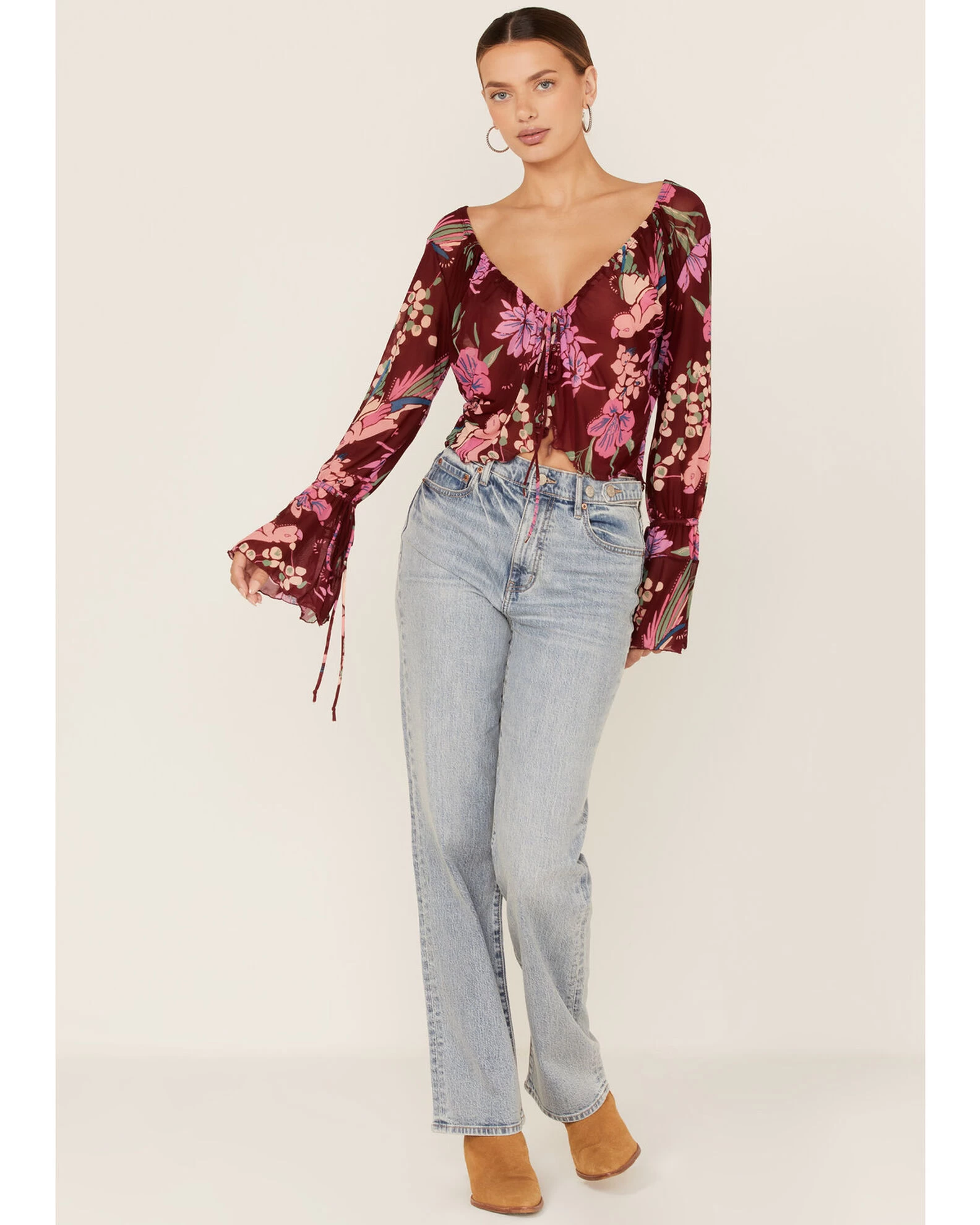 Free People Women's Floral Print Of Paradise Tie Front Crop Top 2 Free People Women's Floral Print Of Paradise Tie Front Crop Top - Image 2