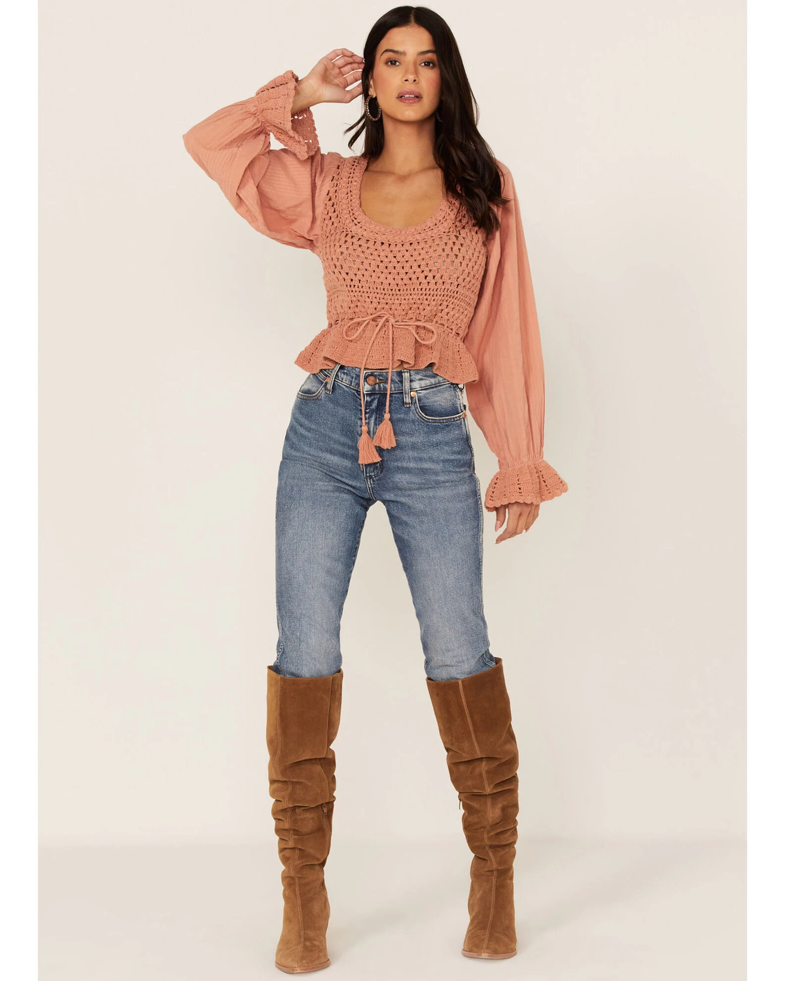 Free People Women's Megan Crochet Knit Peplum Puff Sleeve Top 2 Free People Women's Megan Crochet Knit Peplum Puff Sleeve Top - Image 2