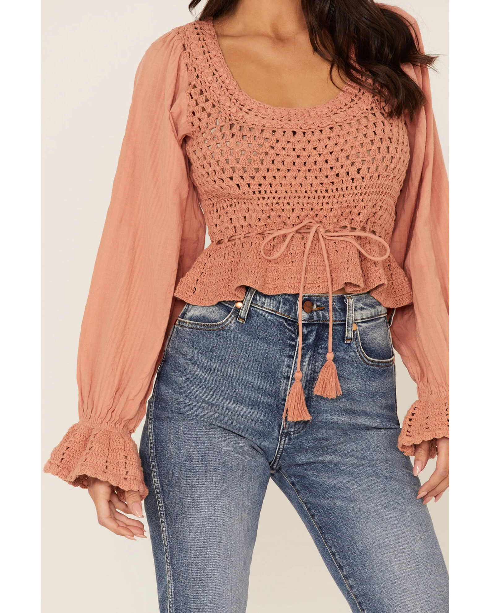Free People Women's Megan Crochet Knit Peplum Puff Sleeve Top 3 Free People Women's Megan Crochet Knit Peplum Puff Sleeve Top - Image 3