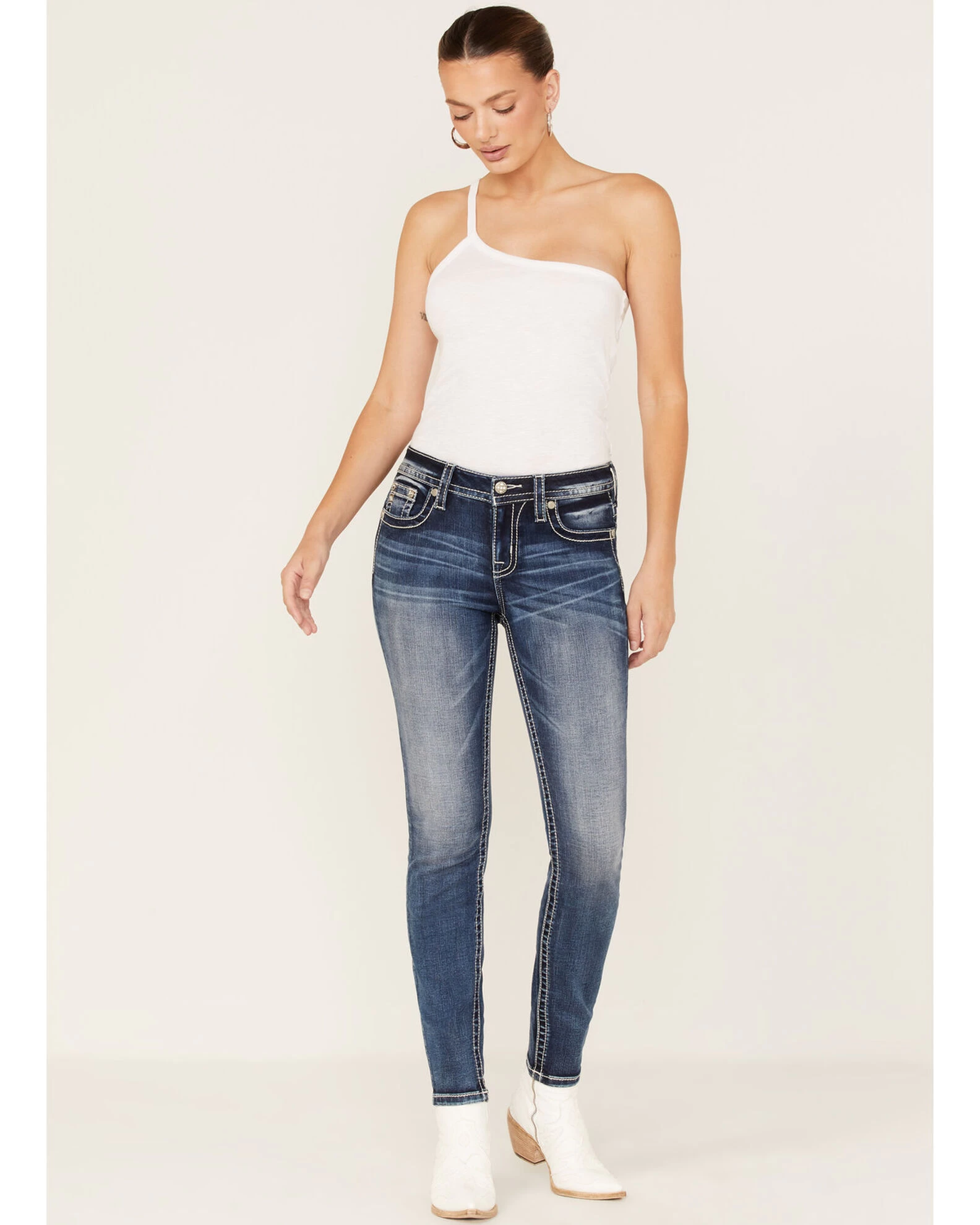 Miss Me Women's Dark Wash Mid Rise Embroidered Fleur De Lis Jeans 3 Miss Me Women's Dark Wash Mid Rise Embroidered Fleur De Lis Jeans - Image 3