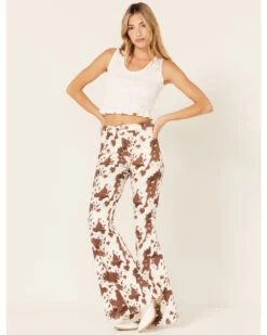 Saints & Hearts Women's High Rise Cow Print Flare Jeans