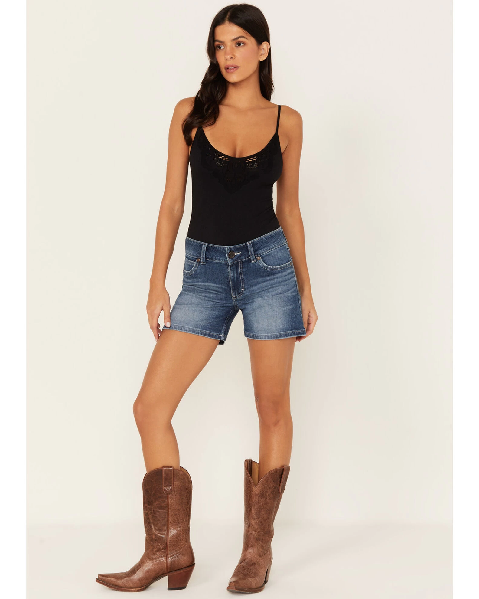 Wrangler Retro Women's Medium Wash Mid Fold Shorts 1 Wrangler Retro Women's Medium Wash Mid Fold Shorts