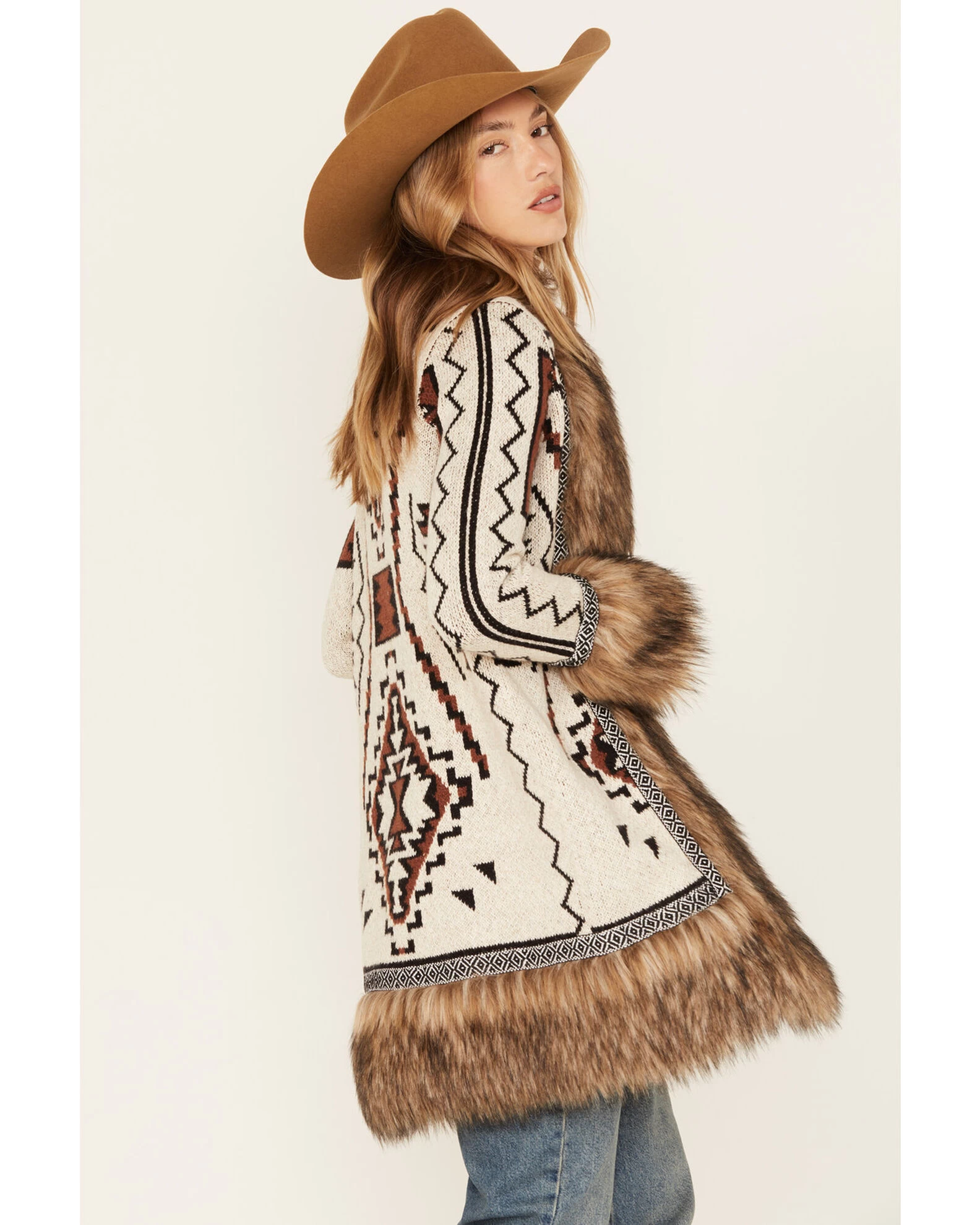 Shyanne Women's Southwestern Knit Faux Fur Trim Cardigan 4 Shyanne Women's Southwestern Knit Faux Fur Trim Cardigan - Image 4