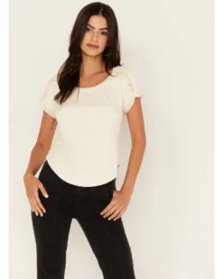 Shyanne Women's Crochet Trim Short Sleeve Faux Suede Tee