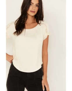 Shyanne Women's Crochet Trim Short Sleeve Faux Suede Tee -Cowboy Pradise 2000380673 105 P3
