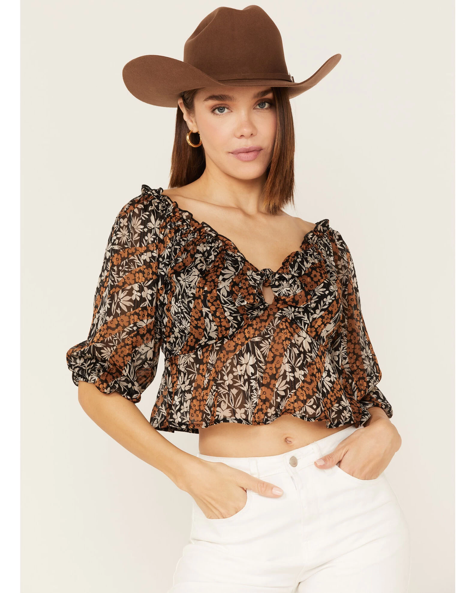 Wild Moss Women's Floral Print Tie-Front Peplum Crop Top 1 Wild Moss Women's Floral Print Tie-Front Peplum Crop Top