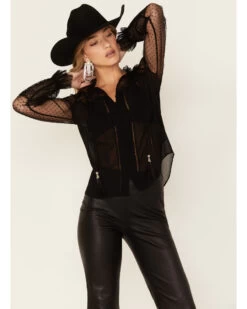 Wonderwest Women's Lace Sheer Sleeve Button Blouse