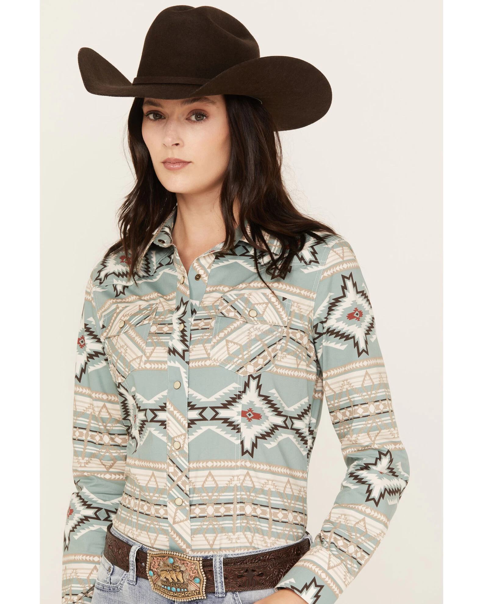 Rock & Roll Denim Women's Southwestern Print Long Sleeve Western Snap Shirt 2 Rock & Roll Denim Women's Southwestern Print Long Sleeve Western Snap Shirt - Image 2