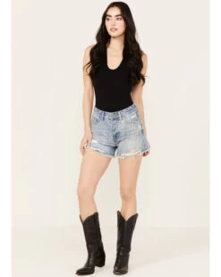 Rock & Roll Denim Women's Light Wash Mid Rise Chain Fringe Denim Shorts