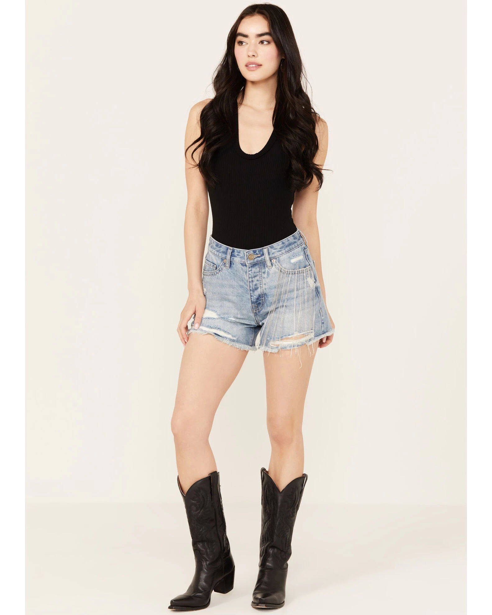 Rock & Roll Denim Women's Light Wash Mid Rise Chain Fringe Denim Shorts 1 Rock & Roll Denim Women's Light Wash Mid Rise Chain Fringe Denim Shorts