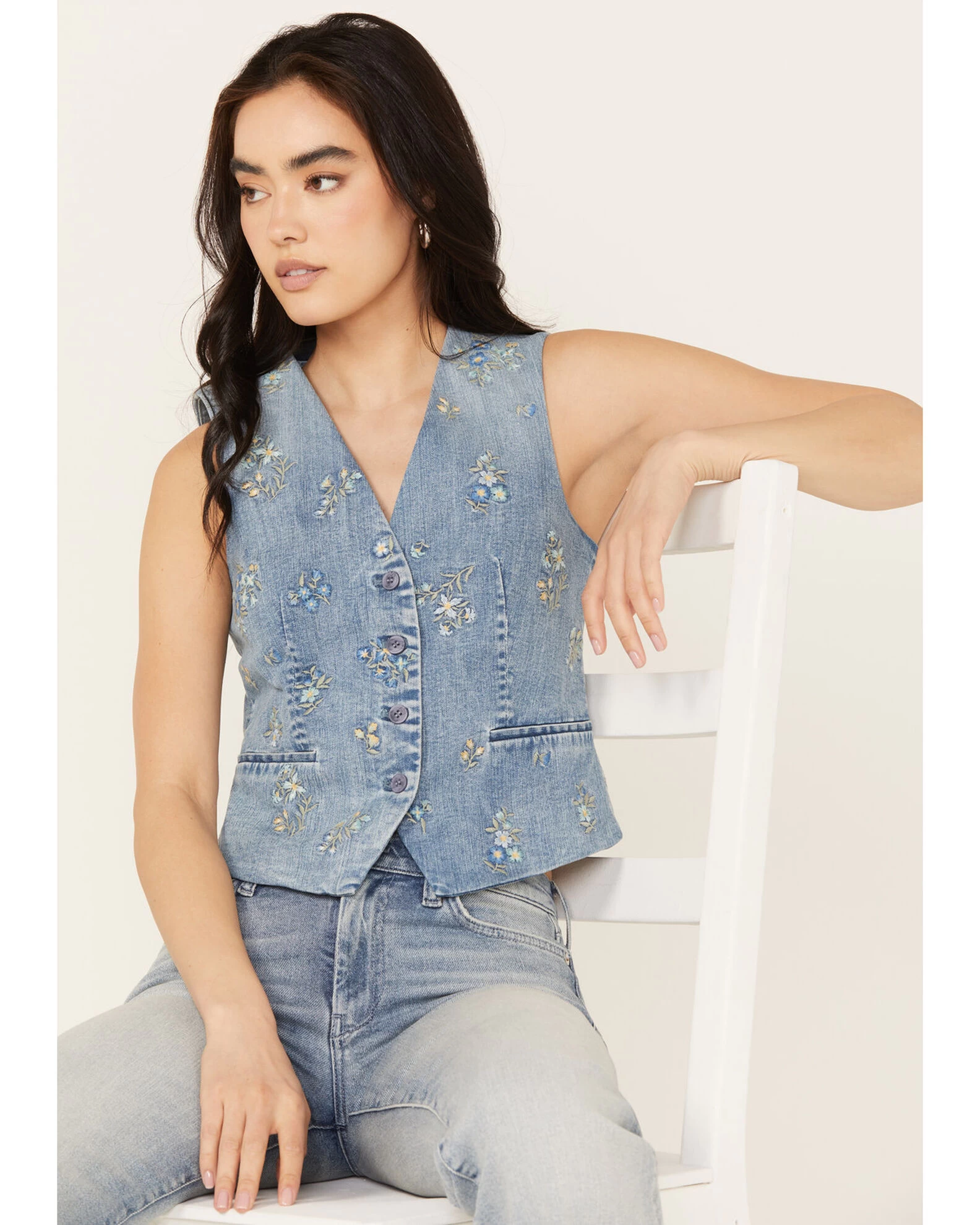 Driftwood Women's Nola Sky Light Wash Floral Print Denim Vest 1 Driftwood Women's Nola Sky Light Wash Floral Print Denim Vest