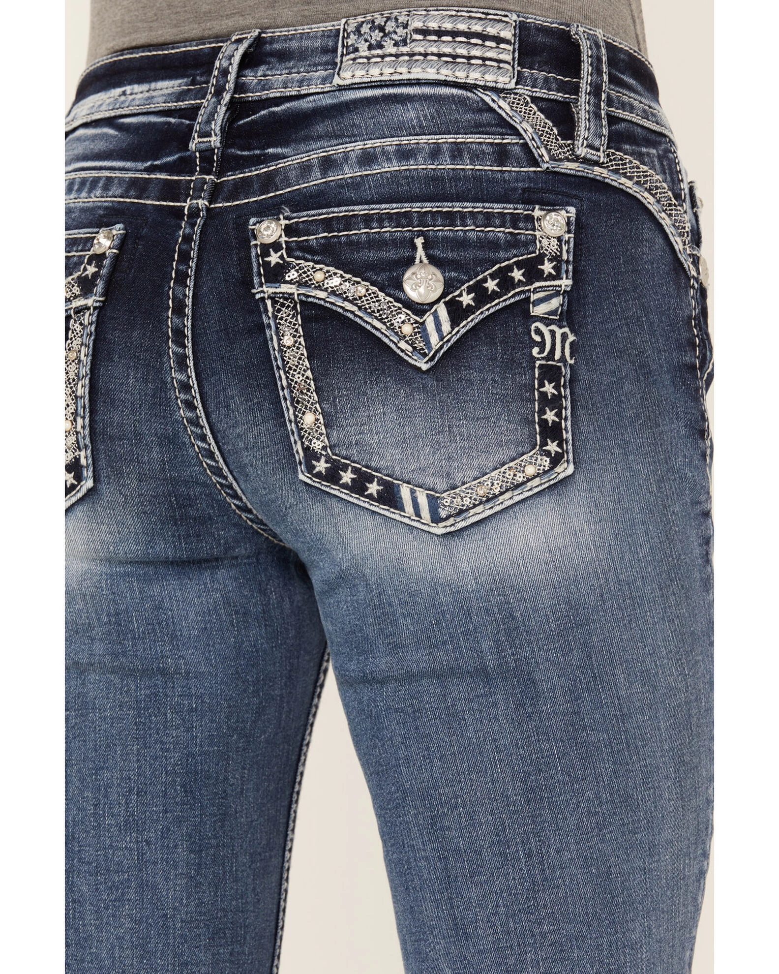 Miss Me Women's Low Rise Dark Wash Tonal Americana Border Bootcut Jeans 2 Miss Me Women's Low Rise Dark Wash Tonal Americana Border Bootcut Jeans - Image 2